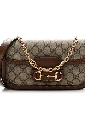 NEW GG Supreme Monogram Small Horsebit 1955 Chain Shoulder Bag Beige Ebony